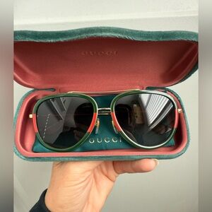 Gucci Aviator Gold Metal Frame Sunglasses with Black Lenses and Green-Red Trim